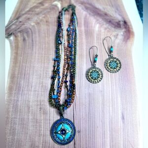 Multistrand Beaded Medallion Earthy Boho Necklace and Earring Set